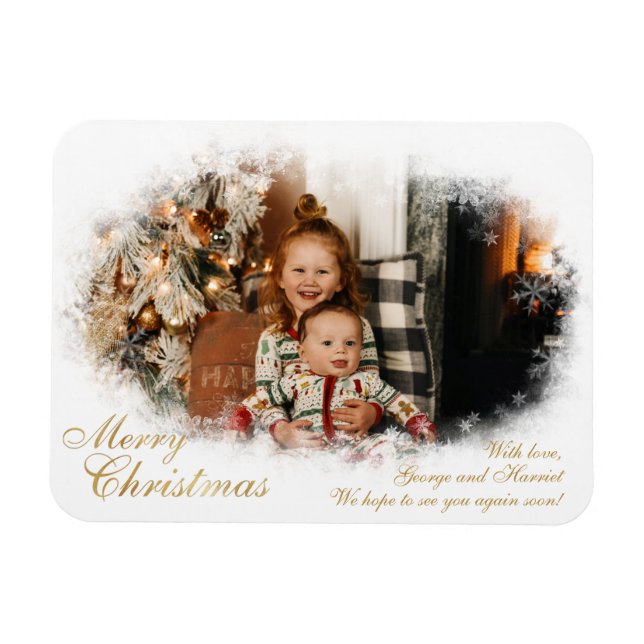 White and Gold Elegante Snowy Foto Weihnachtskarte Magnet (Horizontal)