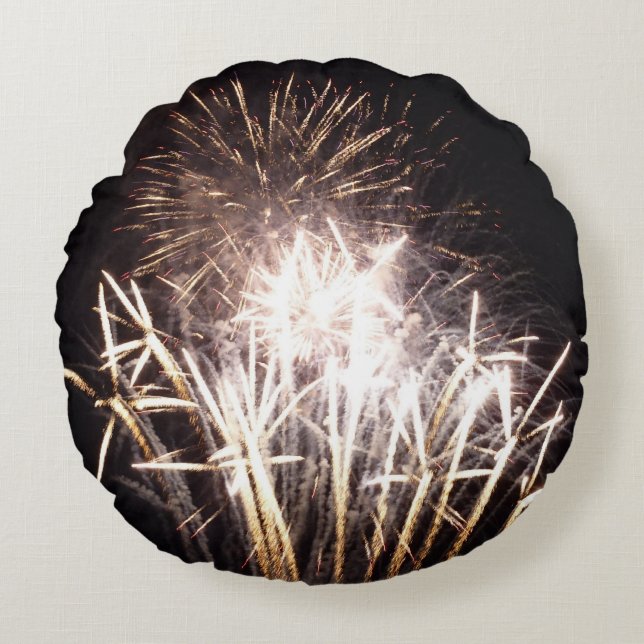 White and Gold Fireworks I Patriotic Celebration Rundes Kissen (Vorderseite)