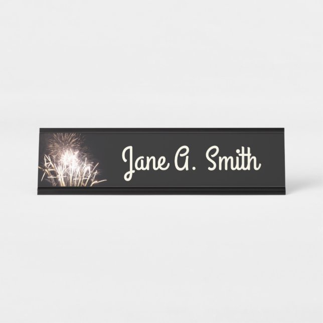 White and Gold Fireworks I Patriotic Celebration Schreibtischnamensplakette (Vorderseite )