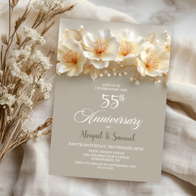 White and Gold Floral 55th Wedding Anniversary Einladung (Von Creator hochgeladen)