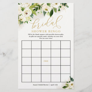 White and Gold Floral Bridal Bingo Paper Game Card Flyer