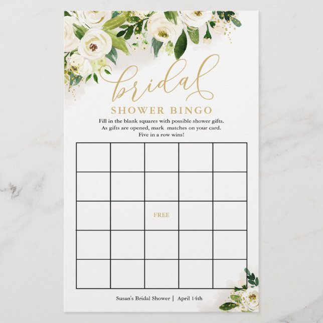 White and Gold Floral Bridal Bingo Paper Game Card Flyer (Vorne)