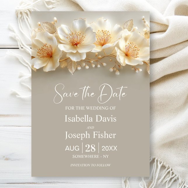 White and Gold Floral Wedding Save the Date Einladung (Von Creator hochgeladen)