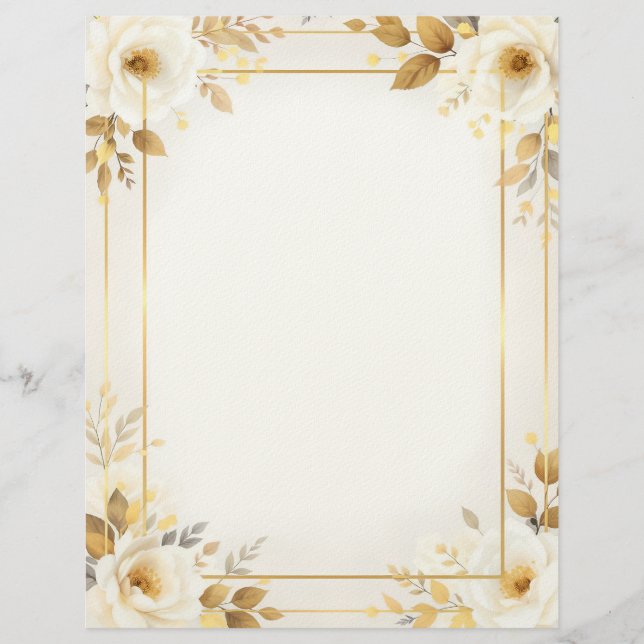 White and Gold Flowers and Double Frame Stationery Briefbogen (Vorderseite)