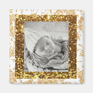 White and Gold Glittery Baby Foto Magnet