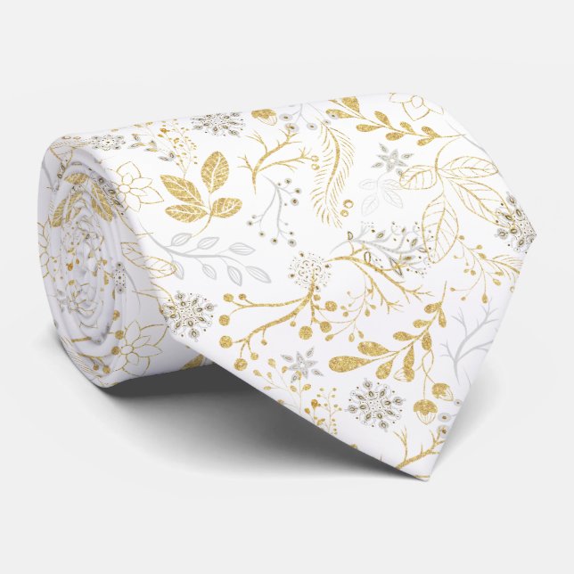 White and Gold Glittery Nordic Pattern Krawatte (Gerollt)