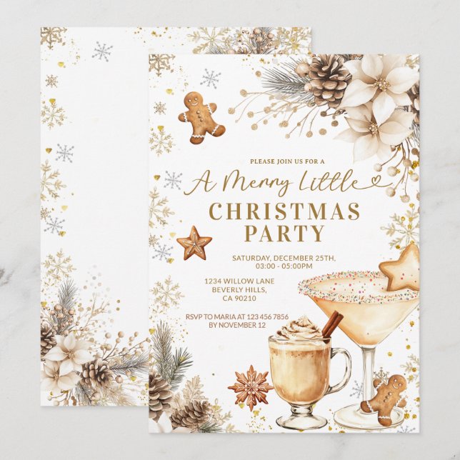 White and Gold Holiday Cocktail Party Invitation Einladung (Vorne/Hinten)