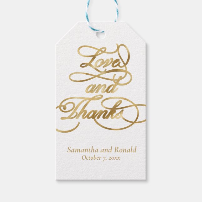 White and Gold Liebe and dank Calligraphy Wedding Geschenkanhänger (Vorderseite)