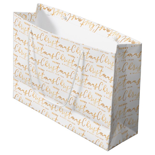 White and Gold Merry Christmas Word Art Große Geschenktüte (Vorderseite Schrägansicht)