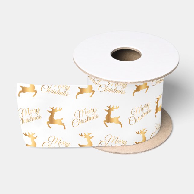 White and Gold Merry Christmas Word Art Satinband (Spule)