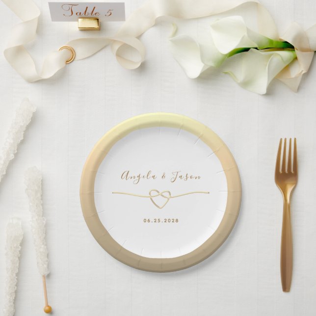 White and Gold Monogram Heart Wedding Pappteller (Hochzeit)