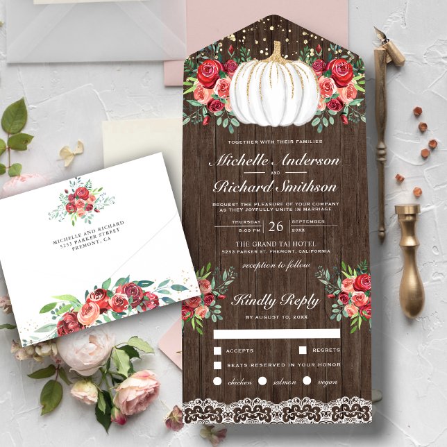 White and Gold Pumpkin Burgundy Floral Wedding All In One Einladung (Von Creator hochgeladen)