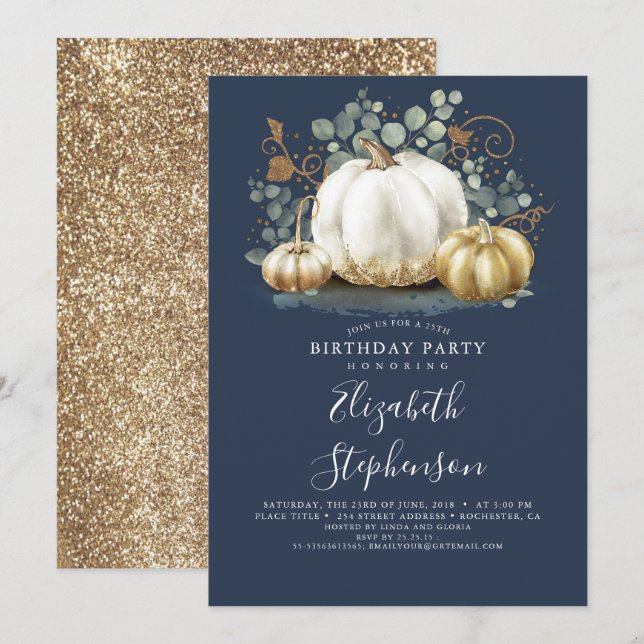White and Gold Pumpkins Fall Harvest Birthday Invi Einladung (Vorne/Hinten)