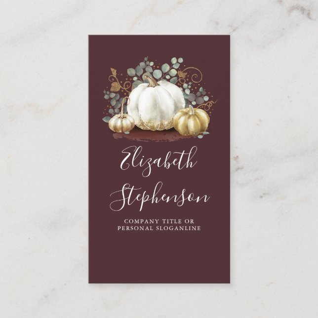White and Gold Pumpkins Fall Harvest Burgundy Red Visitenkarte (Vorderseite)