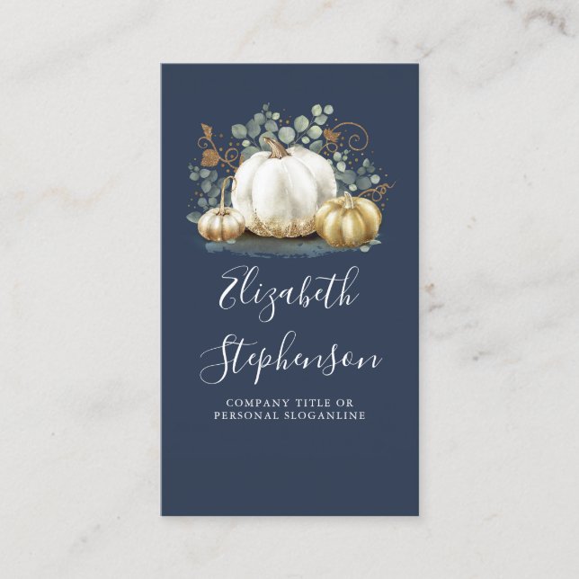 White and Gold Pumpkins Fall Harvest Navy Blue Visitenkarte (Vorderseite)