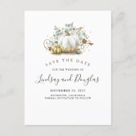 White and Gold Pumpkins fallen Save the Date Ankündigungspostkarte
