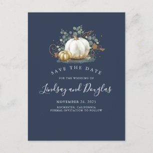 White and Gold Pumpkins fallen Save the Date Ankündigungspostkarte