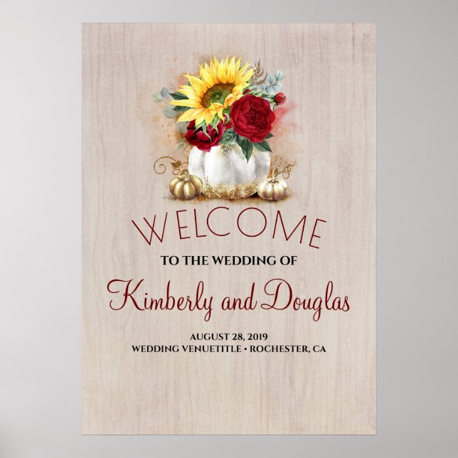 White and Gold Pumpkins Hochzeit im Herbst Begrüßu Poster (Vorne)