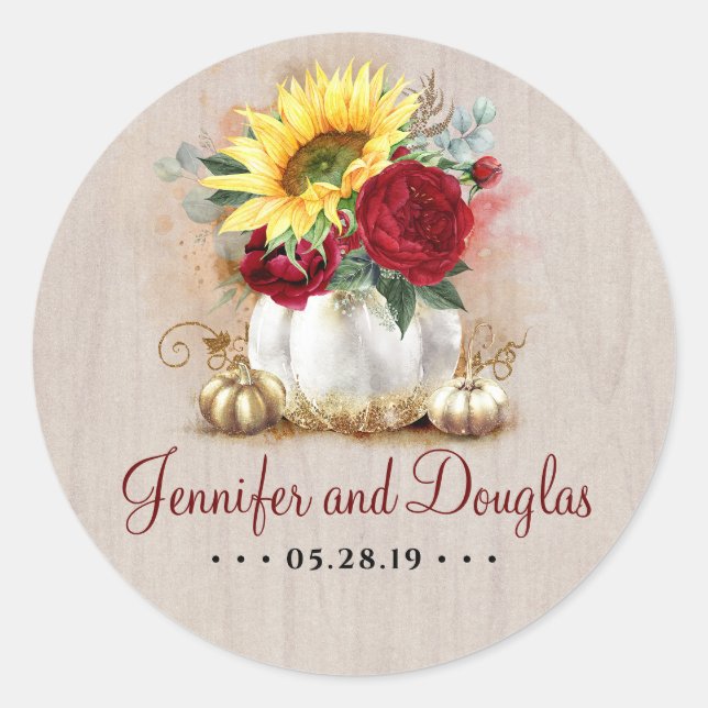 White and Gold Pumpkins Sonnenblumen Burgundy Fall Runder Aufkleber (Vorderseite)