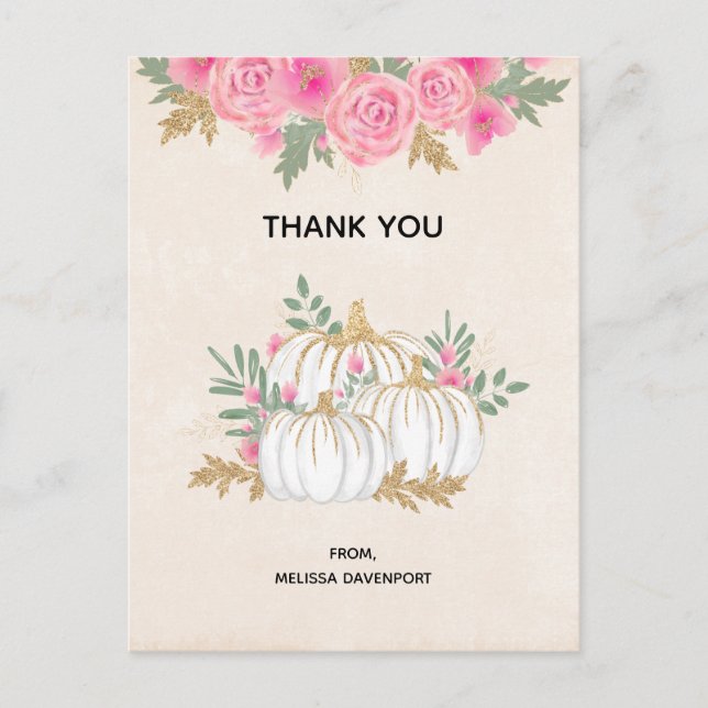 White and Gold Pumpkins Wasserfarbe Vielen Dank Postkarte (Vorderseite)