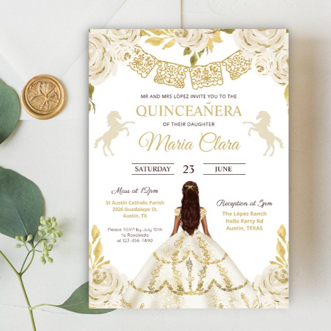 White and Gold Quinceanera Ivory Mis Quince Rose Einladung (Von Creator hochgeladen)