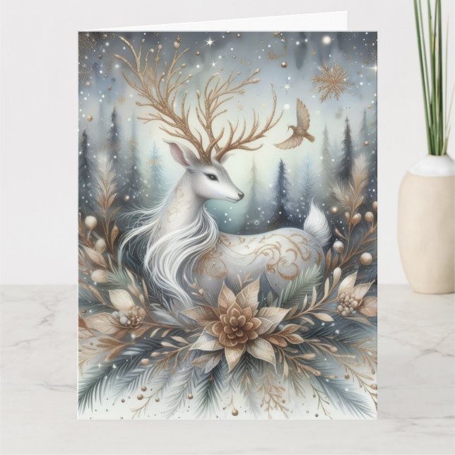 White and gold reindeer Folded Greeting Card Karte (Vorderseite)