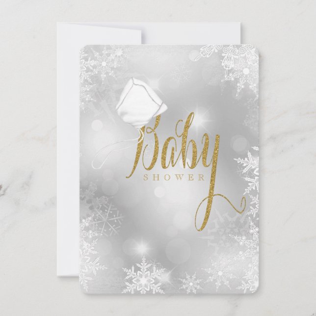 White and Gold Snowflake Baby Dusche Einladung (Vorderseite)