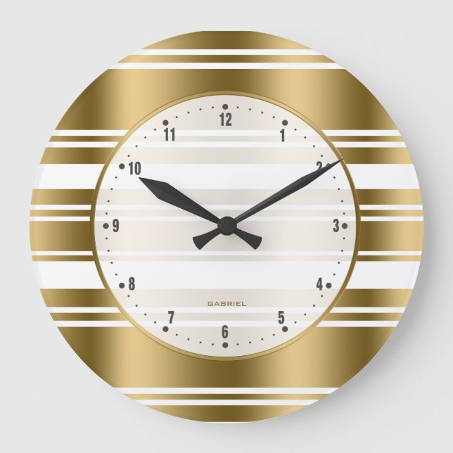 White And Gold Stripes Pattern 3 Große Wanduhr (Vorderseite)