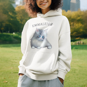 White and Gray Fluffy Furry Kitten Mit Monogramm Hoodie