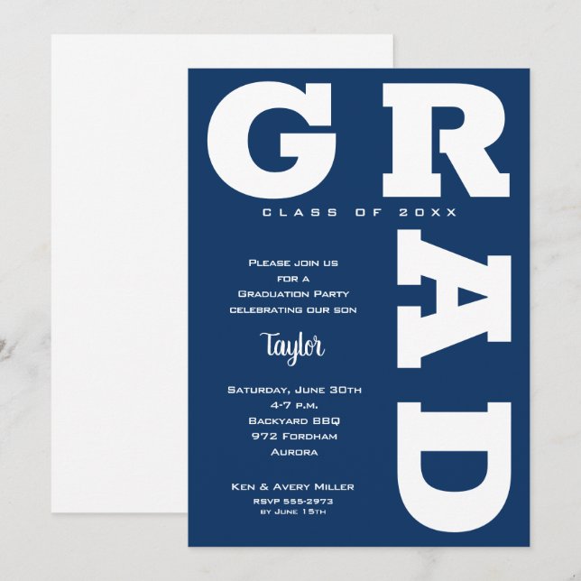 White and Navy Blue Graduation Party Einladung (Vorne/Hinten)