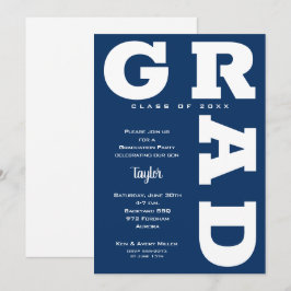 White and Navy Blue Graduation Party Einladung