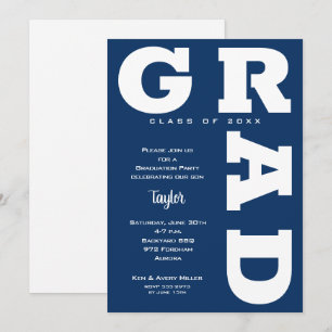 White and Navy Blue Graduation Party Einladung
