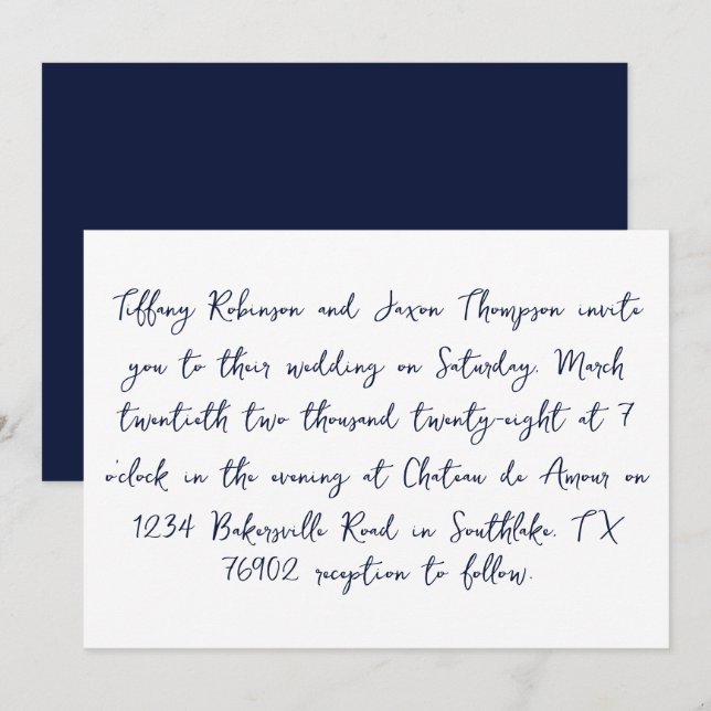 White and Navy Blue Handwriting Style Wedding Einladung (Vorne/Hinten)
