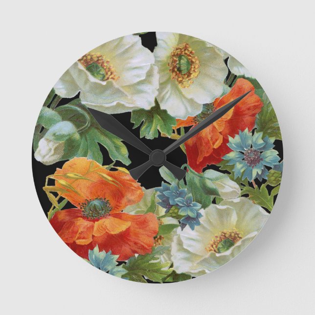White and Orange Poppies Floral Wall Clock Runde Wanduhr (Vorderseite)