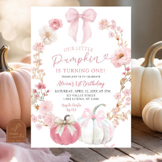 White and Pink Bow Coquette Pumpkin 1st Birthday Einladung