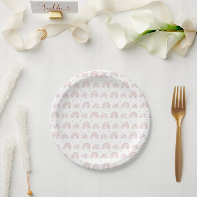 White And Pink Rainbow Babyshower New Baby Plate Pappteller (Hochzeit)