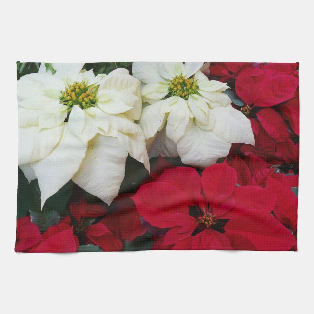 White and Red Poinsettias II Weihnachtsfeiertage Geschirrtuch (Horizontal)