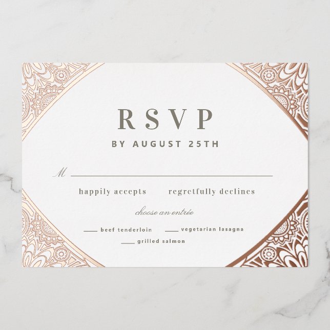White and Rose Gold Arabesque Foil Einladung (Vorderseite)
