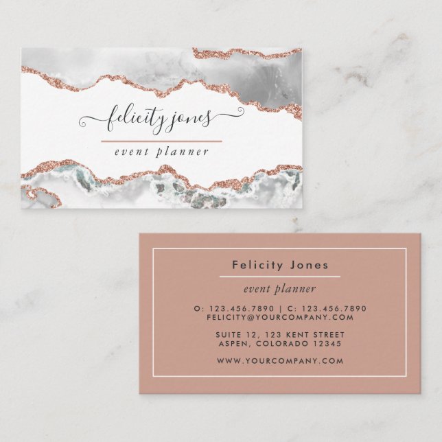 White and Rosen Gold Agate Business Card Visitenkarte (Vorne/Hinten)