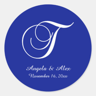 White and Royal Blue Decoration Script Monogram T Runder Aufkleber