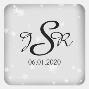 White and Silver Snowflake Wedding Monogram Quadratischer Aufkleber