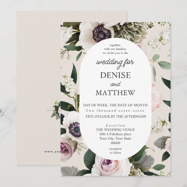 White Anemone auf Cameo Beige Wedding Einladung (Vorne/Hinten)