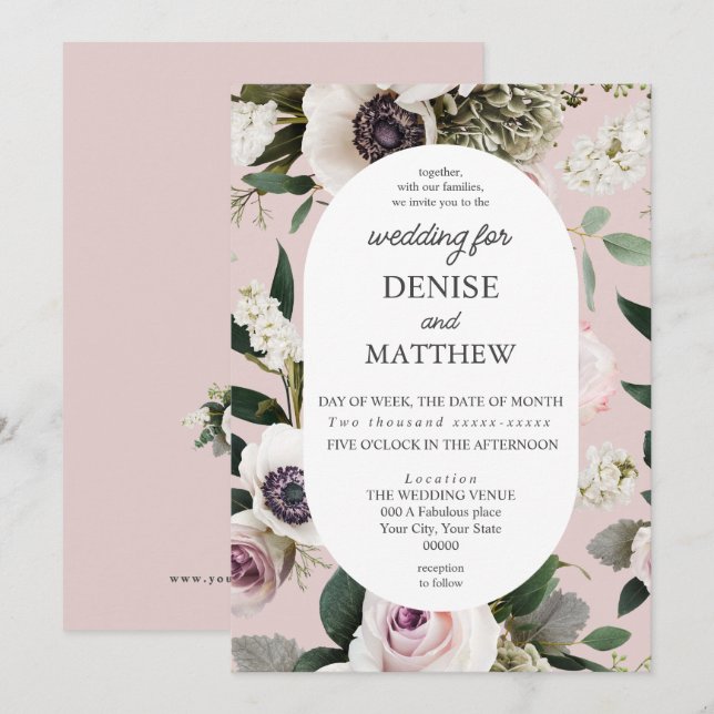 White Anemone auf Mauve Chalk Wedding Einladung (Vorne/Hinten)