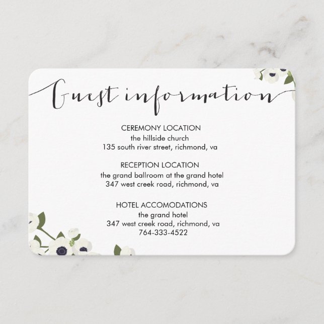 White Anemone Blume Wedding Information Card Begleitkarte (Vorderseite)