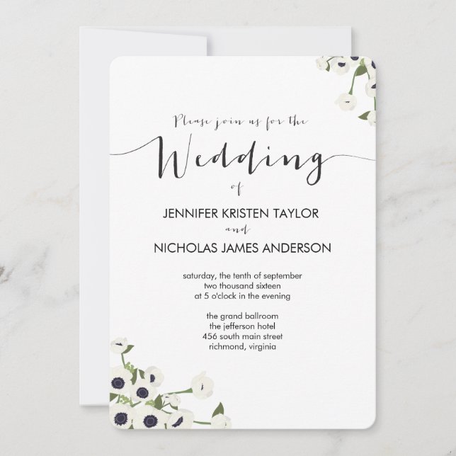 White Anemone Flower Vintage Wedding Invitation (Devant)
