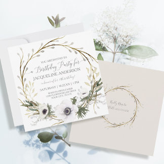 White Anemone Twig Fern Eukalyptus Geburtstagspart Einladung