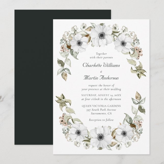 White Anemone Wreath Watercolor Boho Wedding Einladung (Vorne/Hinten)