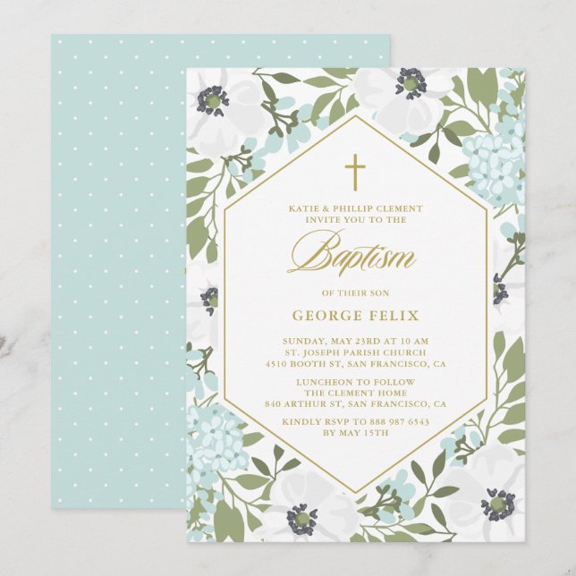 White Anemones Blue Floral Baby Boy Taufe Einladung (Vorne/Hinten)