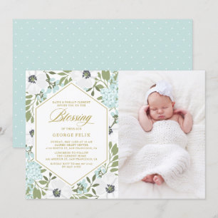 White Anemones Blue Floral Foto Baby Segen Einladung