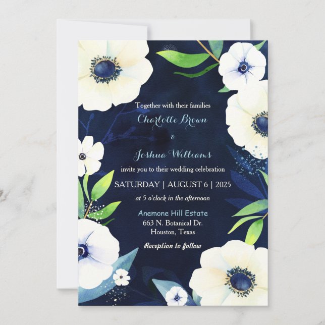 White Anemones Navy Blue Wedding Einladung (Vorderseite)